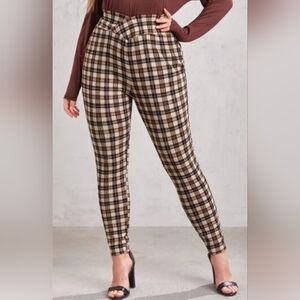 Shein Women's Plus Size Overlap Waist Tartan Brown/tan Pants Sz 2XL